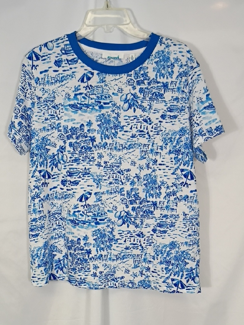 EUC Mavi Cotton Blue & White Scenic Print Tee Womens Size Medium